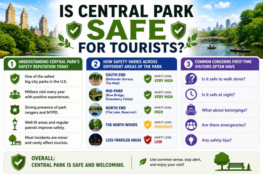 Landscape infographic explaining Central Park safety for tourists, highlighting safety reputation, area-by-area guidance, common visitor concerns, and simple travel tips using colorful icons, scenic park imagery, and minimal text.