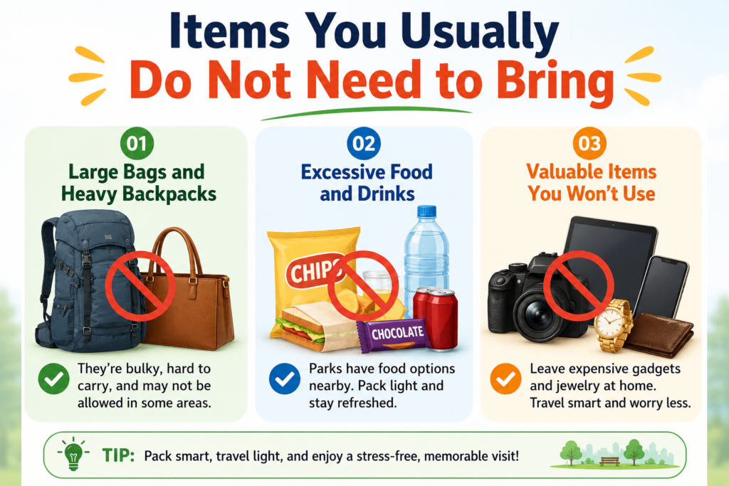 Infographic highlighting unnecessary Central Park packing items: large bags and heavy backpacks, excessive food and drinks, valuable unused items, with clear icons, bold headings, mobile-friendly layout for smarter park visits.