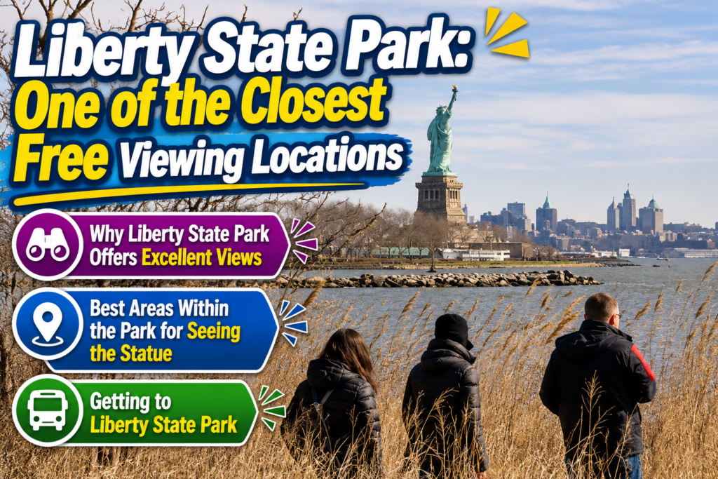 Liberty State Park overlooking the Statue of Liberty with colorful informational captions highlighting excellent viewpoints, recommended viewing areas within the park, and transportation options for visitors seeking one of the closest free viewing locations.