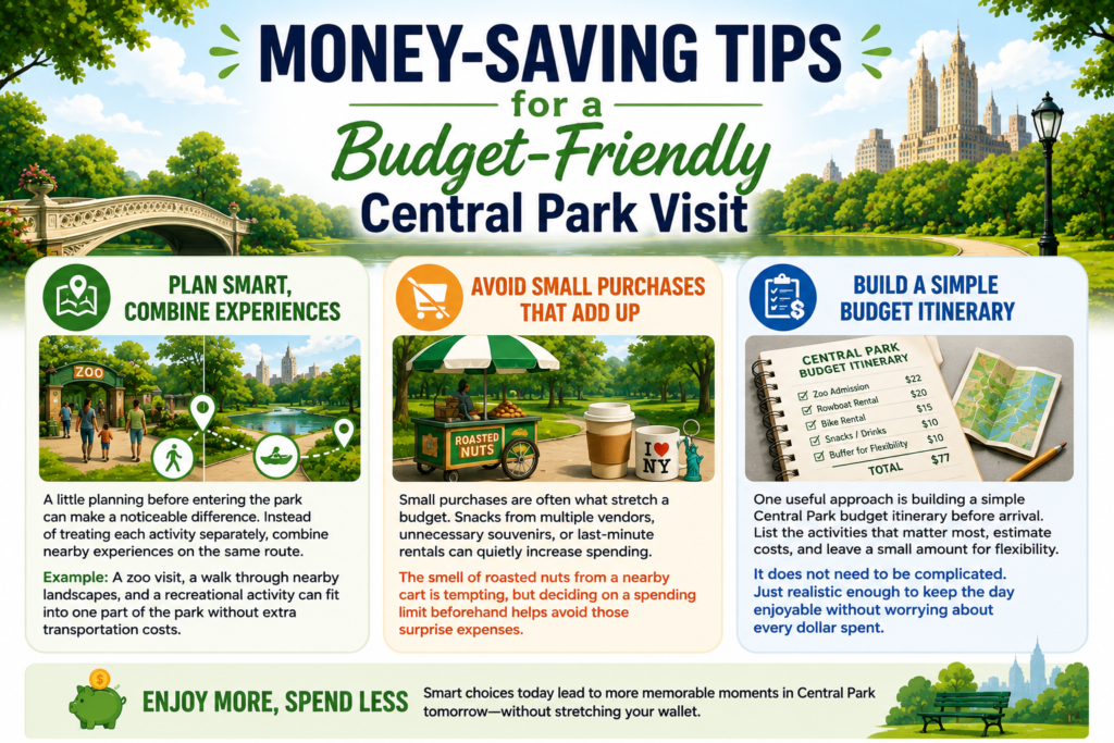 Colorful Central Park budget infographic highlighting money-saving tips, combining nearby attractions, avoiding unnecessary purchases, creating a simple itinerary, and planning an affordable, enjoyable visit with practical spending advice for travelers.