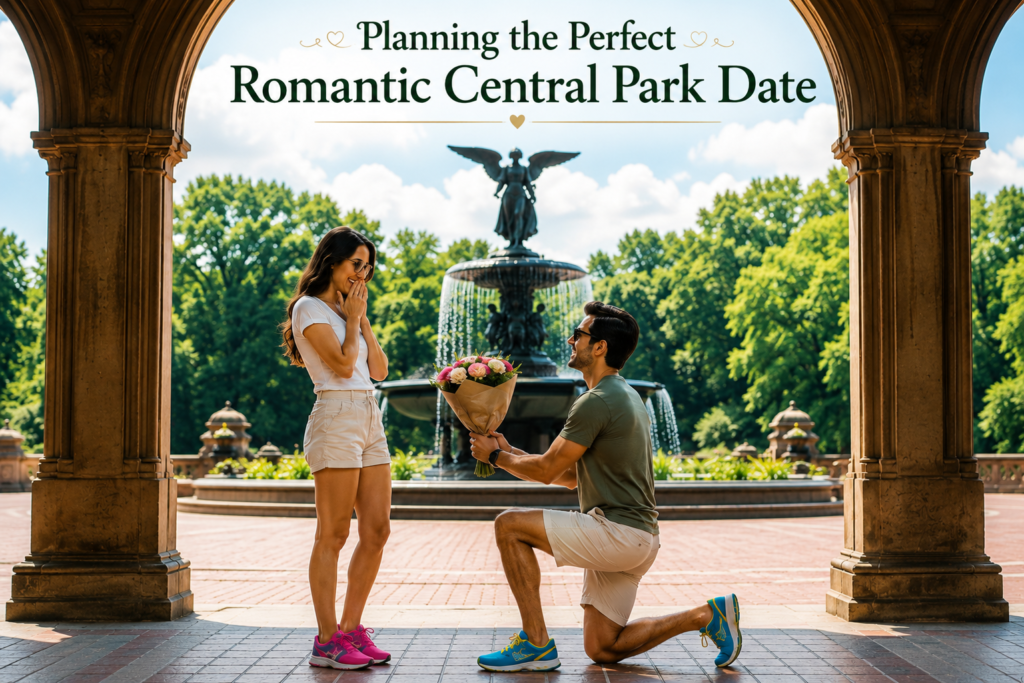 Romantic proposal beneath Bethesda Terrace overlooking Bethesda Fountain in Central Park. Elegant couple shares unforgettable engagement moment with flowers, iconic architecture, peaceful surroundings, and timeless New York romance.