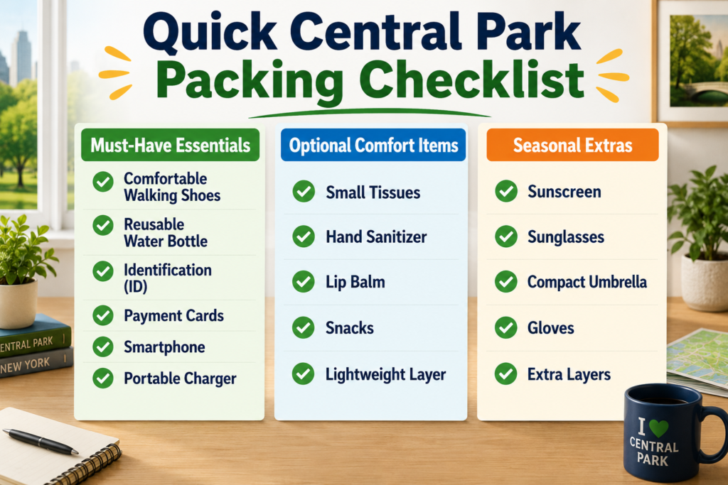 Infographic displaying a Central Park packing checklist with must-have essentials, optional comfort items, and seasonal extras, organized on colorful papers with bold checkmarked lists.