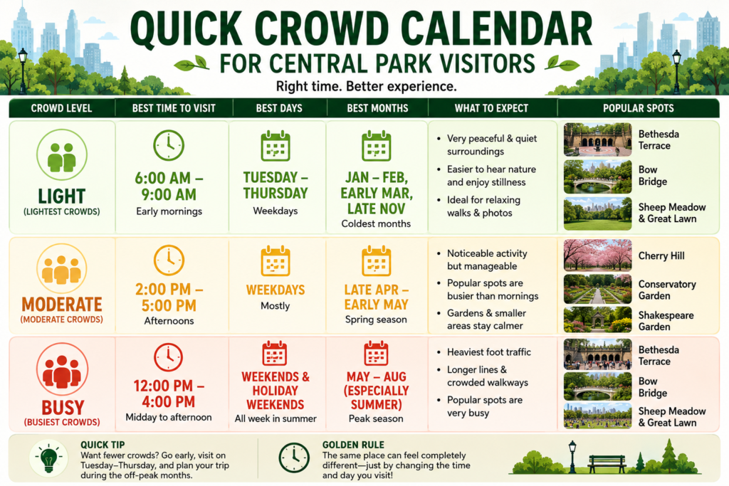 Colorful infographic showing a quick Central Park crowd calendar with light, moderate, and busy periods, recommended visiting times, best seasons, popular locations, and practical tips for avoiding peak visitor crowds.