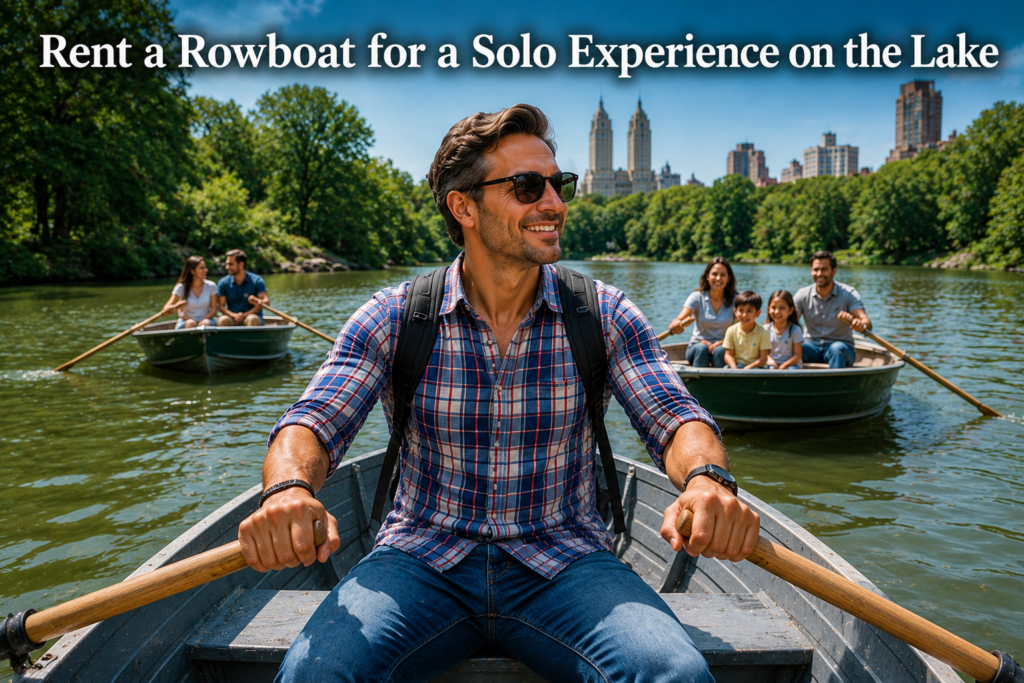 Solo traveler rowing across Central Park Lake while family and couple follow in separate boats. Scenic skyline, peaceful water, and summer greenery highlight a memorable solo boating adventure.