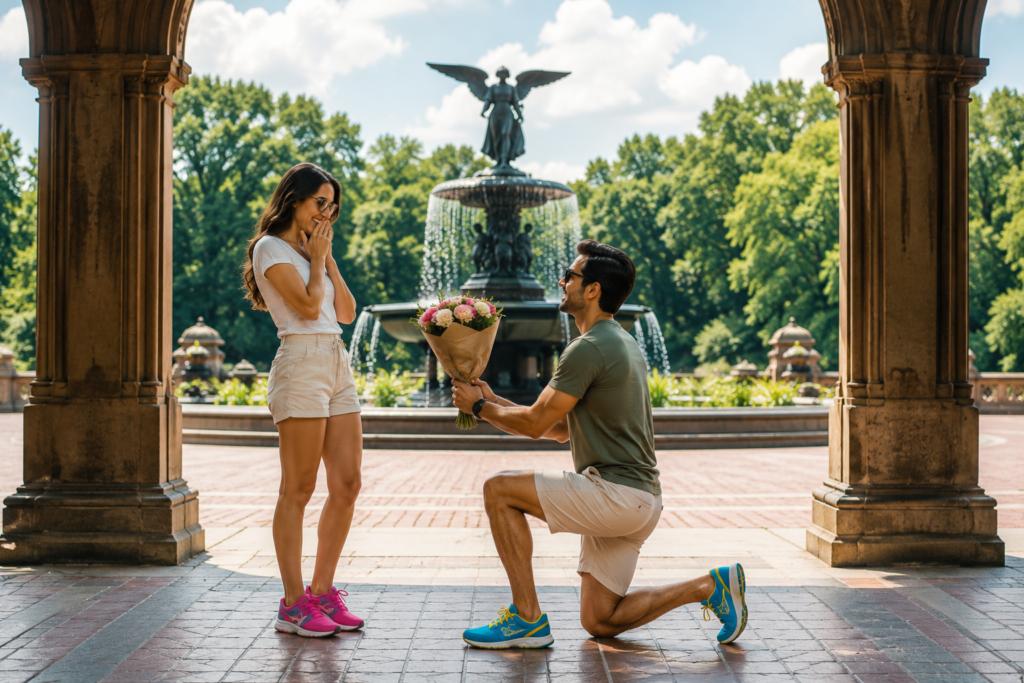 Romantic proposal at Bethesda Fountain in Central Park, with man kneeling and offering flowers. Happy couple shares unforgettable engagement moment beneath iconic fountain on a beautiful sunny day.