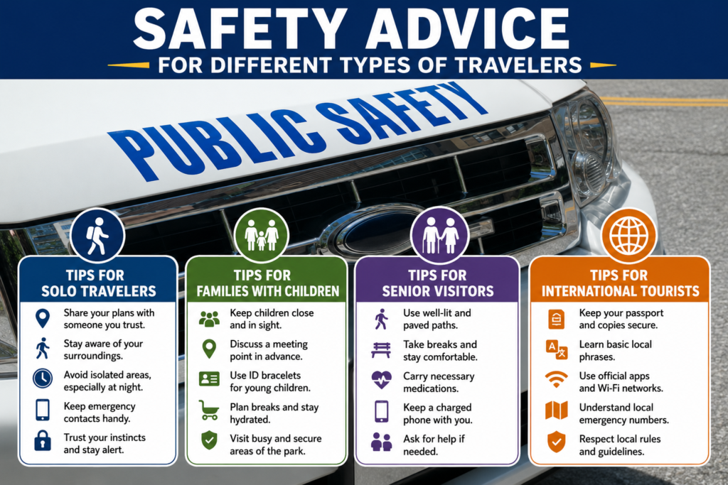 Travel safety infographic outlining practical advice for solo travelers, families, seniors, and international tourists using clear icons and concise guidance.