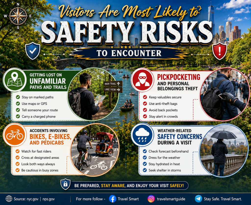 Colorful Central Park safety infographic highlighting common visitor risks, including getting lost, pickpocketing, bike and pedicab accidents, and weather hazards, with icons, scenic backgrounds, and practical safety reminders.