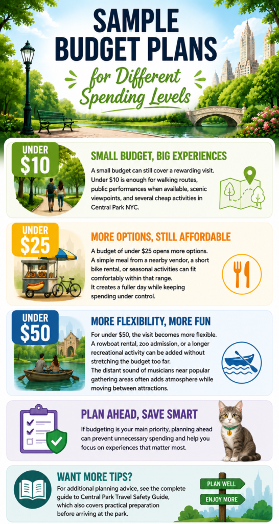 Colorful Central Park budget planning infographic comparing spending levels under , , and , featuring affordable activities, money-saving tips, budget itinerary advice, and scenic park illustrations for visitors.