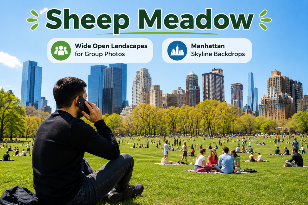Iraqi traveler talking on his cellphone while relaxing at Central Park's Sheep Meadow, with expansive green lawns, visitors enjoying the park, and the Manhattan skyline creating a perfect urban photography backdrop.