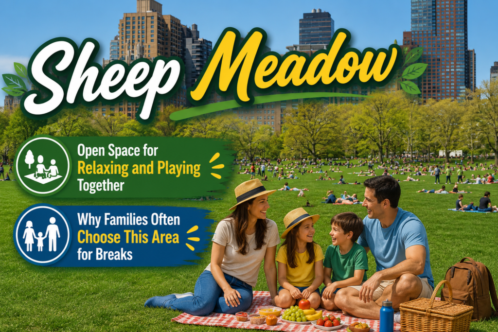 Sheep Meadow in Central Park with families relaxing on expansive green lawns, enjoying picnics, outdoor games, sunny weather, and iconic Manhattan skyline views behind.