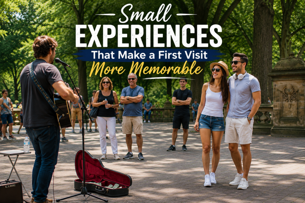 Couple enjoying a Central Park street performance with a small audience, creating memorable first-visit moments beneath leafy trees and vibrant summer surroundings.