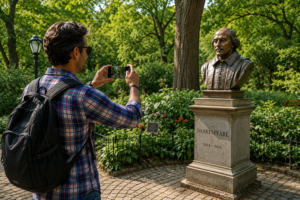 German traveler in a plaid shirt photographs the Shakespeare Statue in Shakespeare Garden, Central Park, facing the monument while capturing the iconic sculpture surrounded by lush greenery and peaceful park scenery.