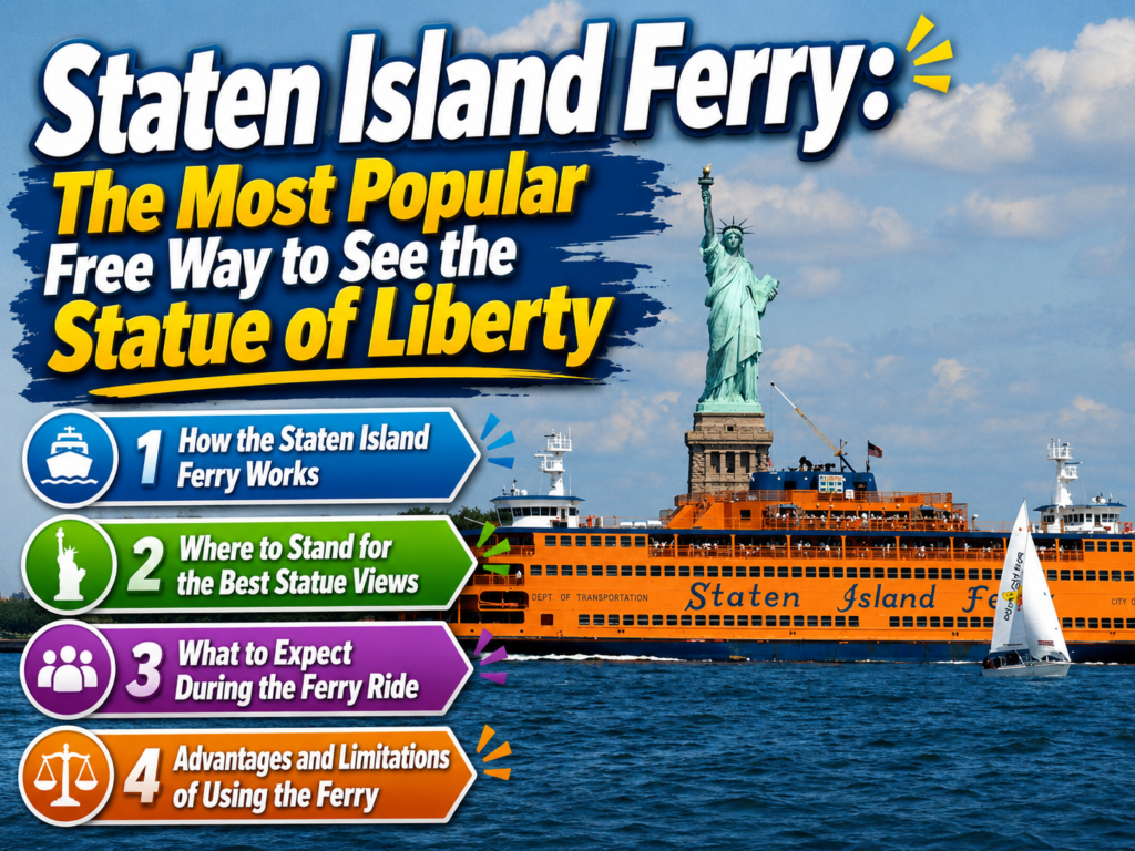Staten Island Ferry sailing across New York Harbor with the Statue of Liberty in the background, featuring colorful informational captions highlighting ferry operations, best viewing spots, ride expectations, and travel advantages.