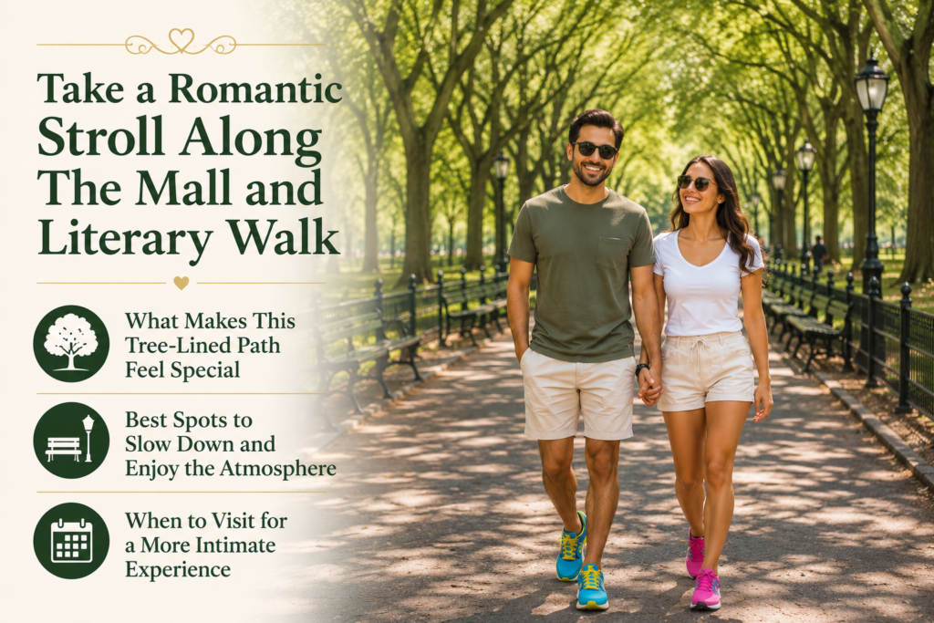 Romantic couple holding hands along Central Park's tree-lined Mall, surrounded by majestic elms. Elegant infographic highlights peaceful strolls and intimate experiences.