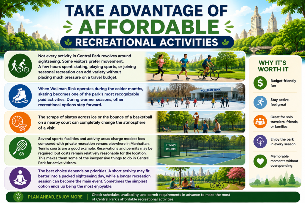 Colorful Central Park budget infographic highlighting affordable recreational activities, including ice skating, tennis, sports, and seasonal attractions, with practical money-saving tips for visitors planning an active, budget-friendly New York City park experience.