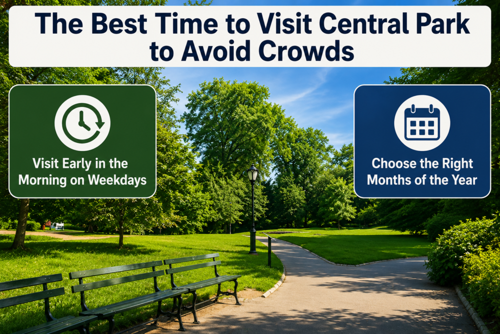 Peaceful Central Park pathway with benches and lush trees, infographic highlighting best time to avoid crowds through early weekday mornings and choosing quieter months.