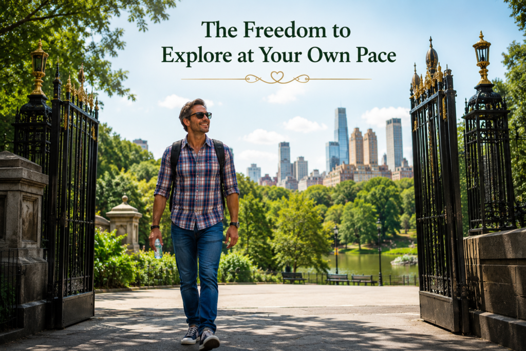 Solo traveler entering Central Park through iconic gates, smiling with backpack, sunglasses, water bottle, and casual outfit. Beautiful skyline and lush greenery capture freedom, adventure, and independent exploration.