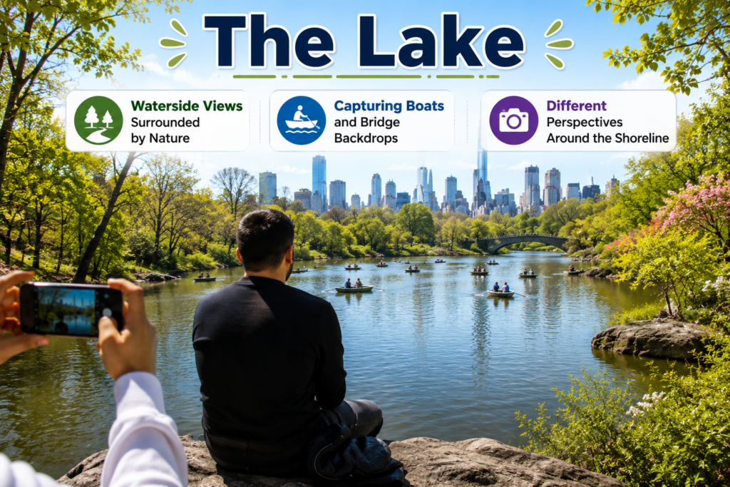 Iraqi visitor sits on a lakeside rock overlooking Central Park's Lake while another person photographs him, with rowing boats, lush trees, skyline views, and colorful infographic captions highlighting top photography spots.