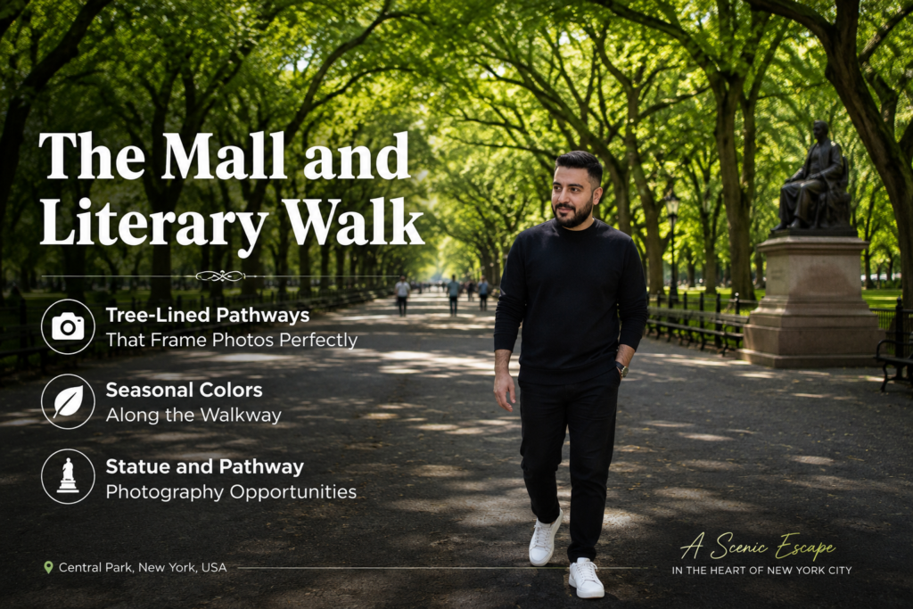 A man walks beneath lush green tree canopies along The Mall and Literary Walk, surrounded by shaded pathways, statues, benches, and vibrant foliage, highlighting peaceful scenery and outstanding photography opportunities year-round.
