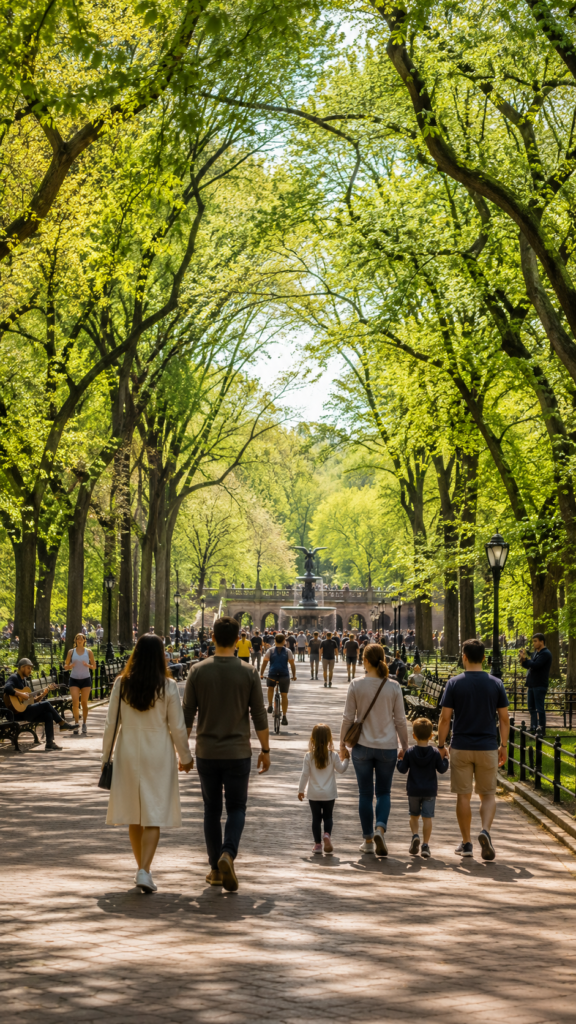 Couple and family enjoying a peaceful morning walk along The Mall in Central Park beneath towering elm trees, with Bethesda Terrace ahead, vibrant spring greenery, benches, joggers, cyclists, and visitors.