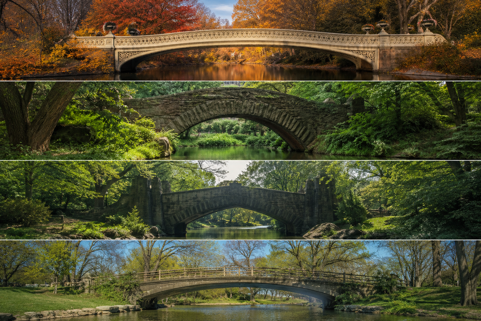 Featured image collage showcasing Bow Bridge, Gapstow Bridge, Gothic Bridge, and Oak Bridge in realistic 4K quality, highlighting distinctive architecture, scenic waterways, and lush Central Park landscapes.