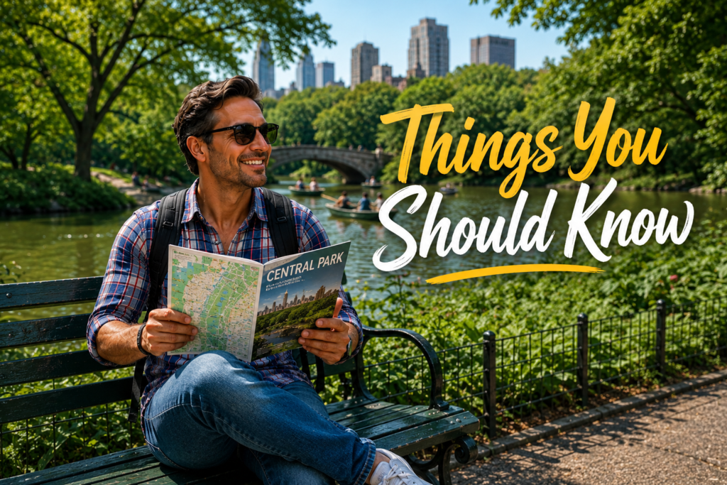 German traveler wearing sunglasses and casual clothes reads a Central Park brochure while sitting on a park bench beside the lake, with the caption "Things You Should Know" in stylish lettering.