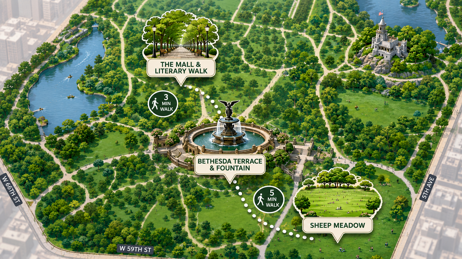 Illustrated travel map of Central Park highlighting three iconic first-time visitor stops—The Mall & Literary Walk, Bethesda Terrace & Fountain, and Sheep Meadow—connected by a dotted walking route with 3- and 5-minute walk markers, surrounded by lush greenery, pathways, and water features in a clean, modern infographic style.