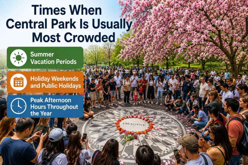 Crowded Strawberry Fields in Central Park infographic highlighting busiest times, including summer vacations, holiday weekends, public holidays, and peak afternoon hours.