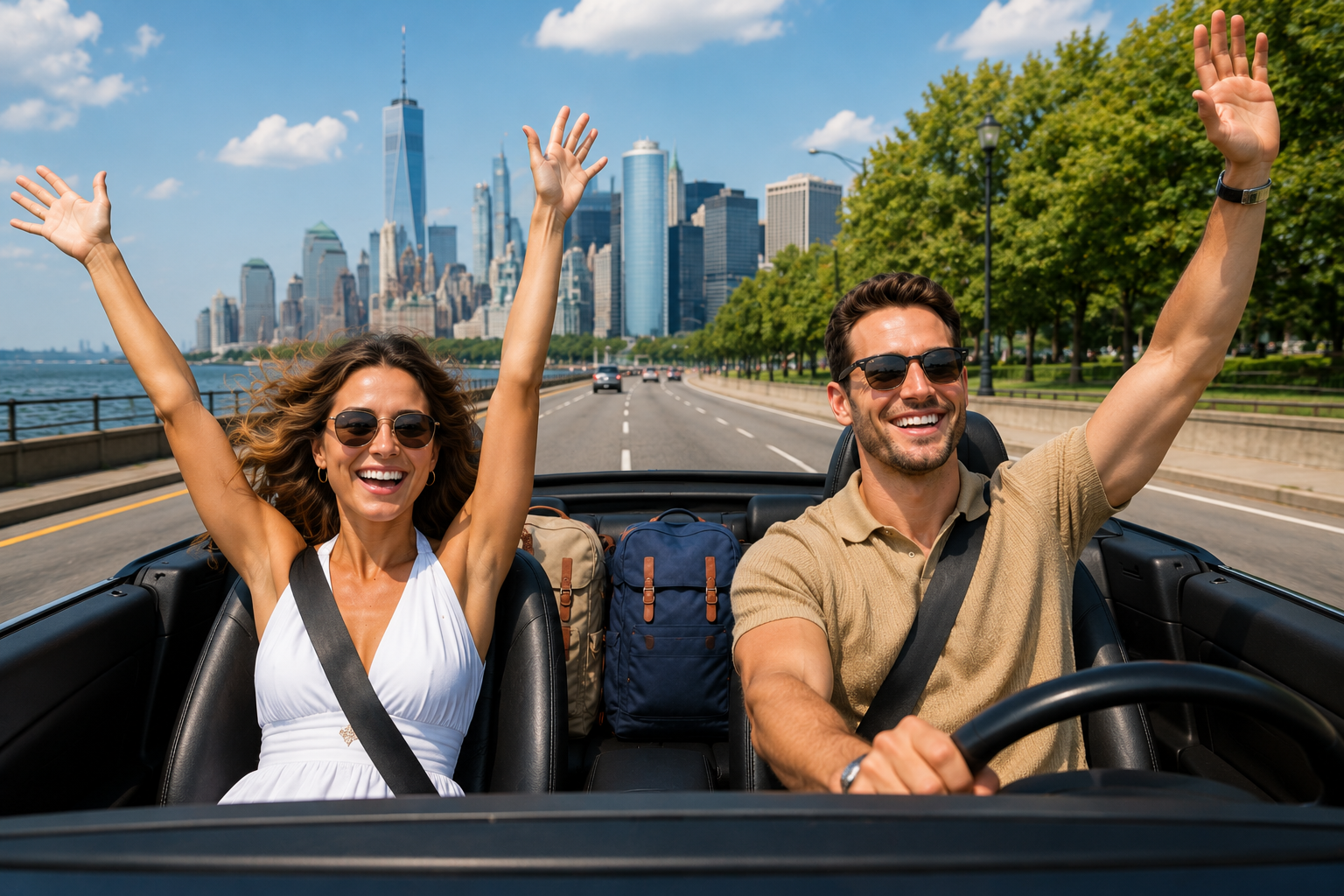 Happy couple driving a convertible along the New York coastline with raised hands and windblown hair, celebrating their Liberty Island adventure while the Manhattan skyline shines in the background.