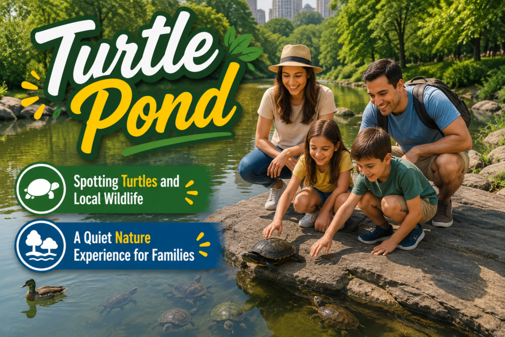 Family at Central Park Turtle Pond watching children gently interact with turtles while parents smile nearby, enjoying peaceful wildlife, calm water, natural surroundings, and quality family time.