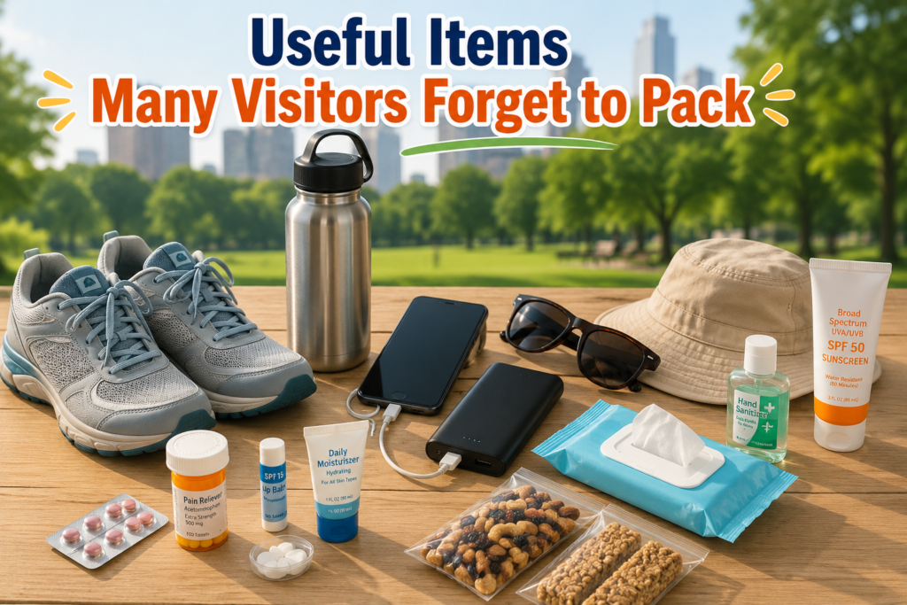 Infographic showcasing essential Central Park packing items including walking shoes, reusable water bottle, smartphone, portable charger, sunglasses, sanitizer, tissues, medications, lip balm, moisturizer, snacks beneath helpful preparation heading.
