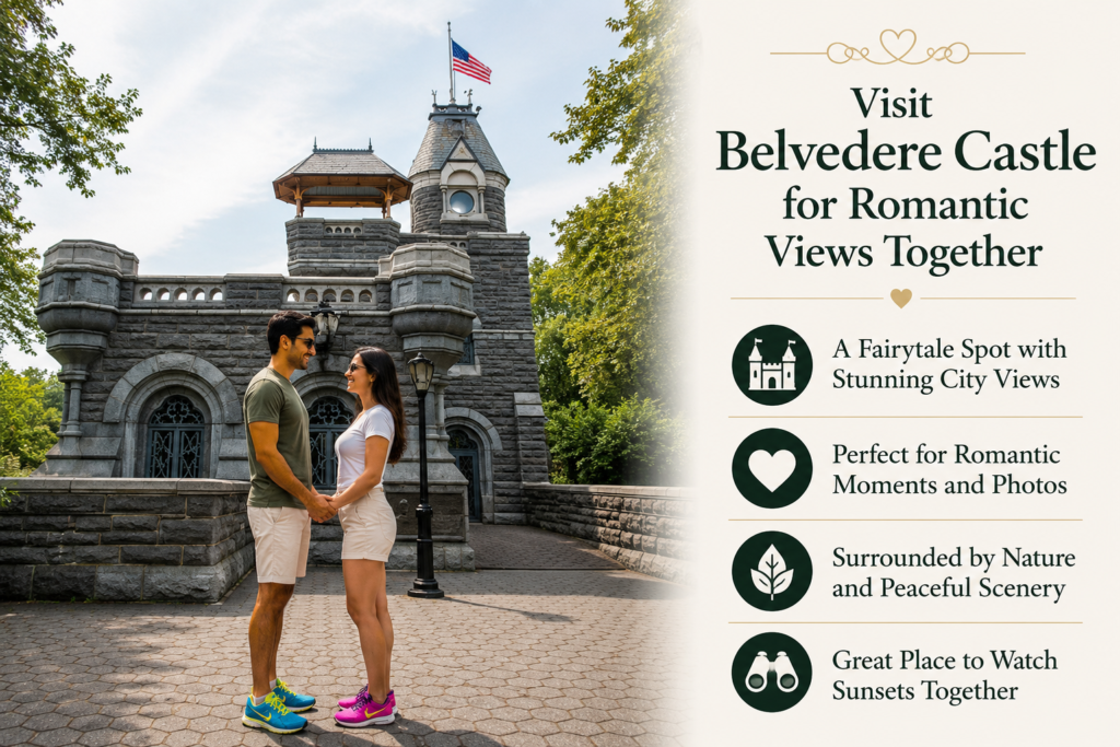 Romantic couple holding hands before Belvedere Castle in Central Park, smiling face to face. Elegant infographic highlights breathtaking views, peaceful surroundings, memorable photos, and romantic moments together.