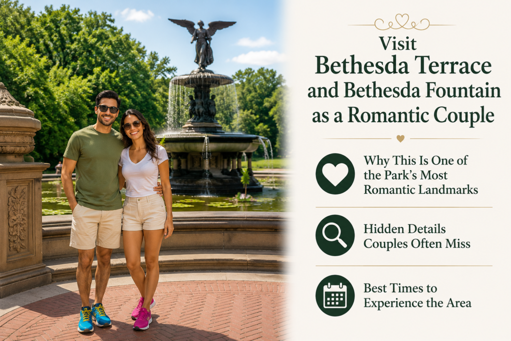 Romantic couple smiling before Bethesda Fountain in Central Park, wearing sunglasses with lush greenery behind. Elegant infographic highlights romantic landmark, hidden details, and best visiting times together.