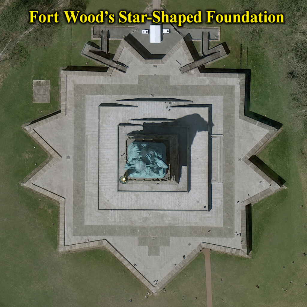 Aerial view of Fort Wood’s distinctive star-shaped foundation surrounding the Statue of Liberty pedestal on Liberty Island, highlighting the historic fort design and symmetrical layout from above.