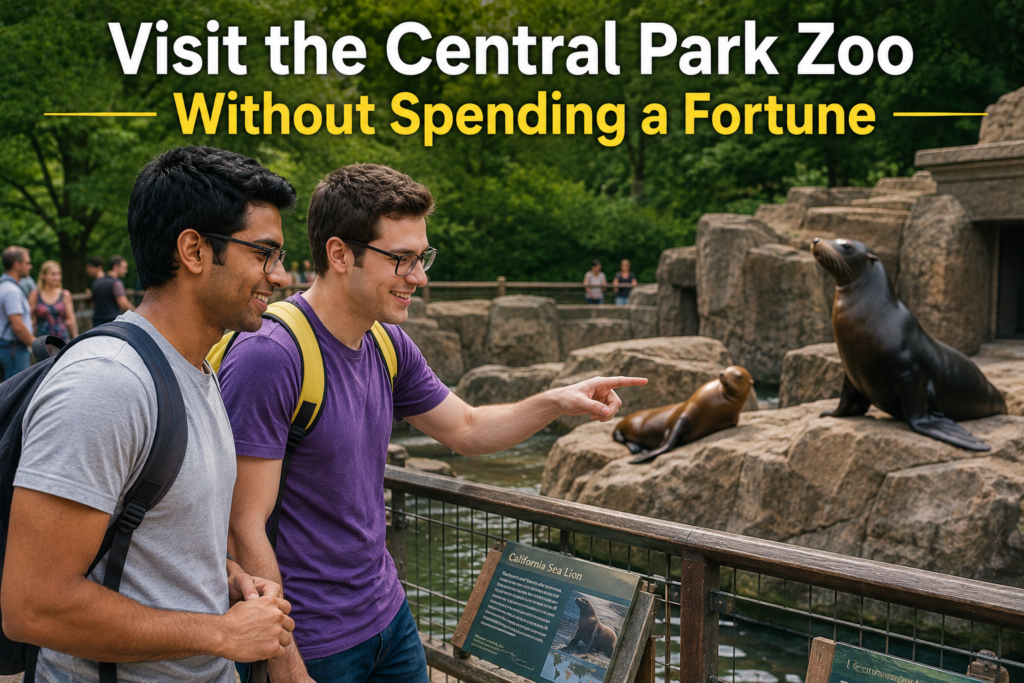 Two college students wearing eyeglasses  and colorful T-shirts are enjoying in Central Park Zoo. 