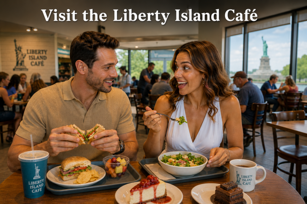 Smiling couple enjoying sandwiches, salad, desserts, and beverages inside the Liberty Island Café, with the Statue of Liberty visible through large windows in a bright, welcoming dining atmosphere.