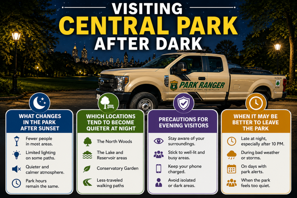 Landscape infographic about visiting Central Park after dark, featuring a park ranger vehicle, nighttime safety guidance, quieter locations, evening precautions, and recommended departure times.