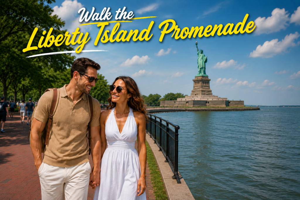 Smiling couple wearing sunglasses strolls along Liberty Island Promenade beside the waterfront, with the Statue of Liberty behind them beneath a bright blue summer sky.