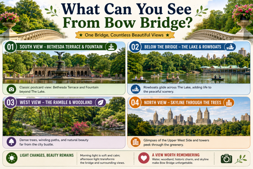 Four-panel Bow Bridge infographic featuring Bethesda Terrace, The Lake with rowboats, the Ramble woodland, and skyline views, highlighting Central Park's scenic attractions from the historic bridge.