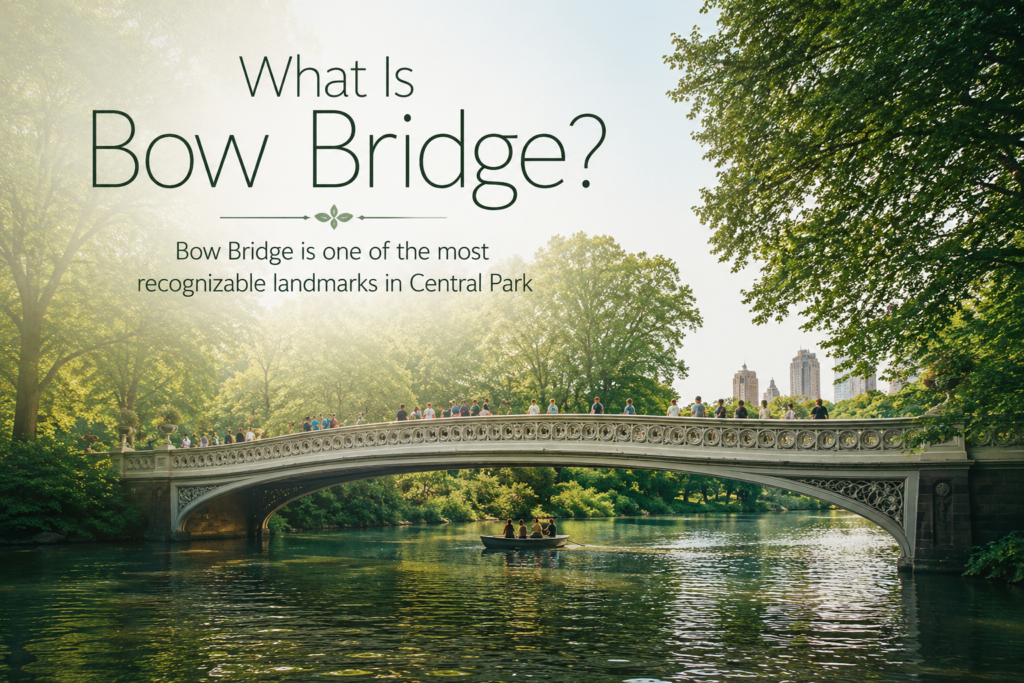Bow Bridge spanning calm water in Central Park with visitors crossing above, a rowboat below, and informative title highlighting its status as one of the park's most recognizable landmarks.