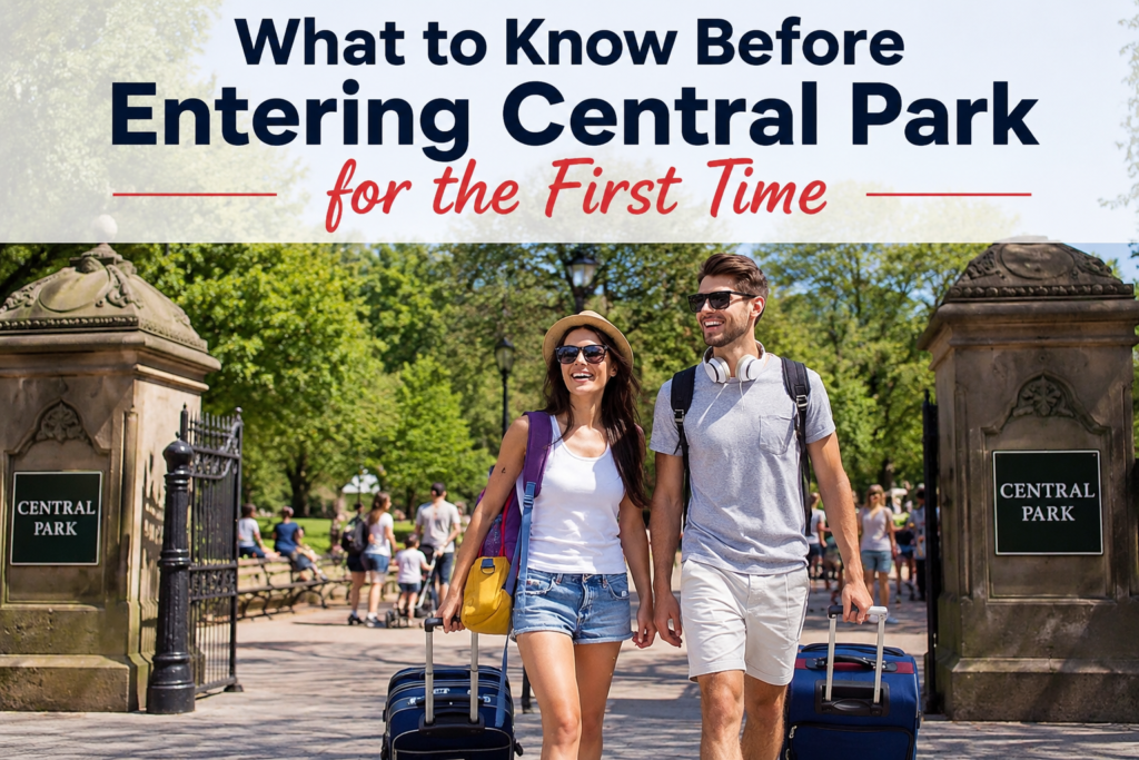 Excited couple entering Central Park with luggage and backpacks, featuring a bold heading about first-time visitor tips, capturing the anticipation of exploring New York City's iconic urban park.