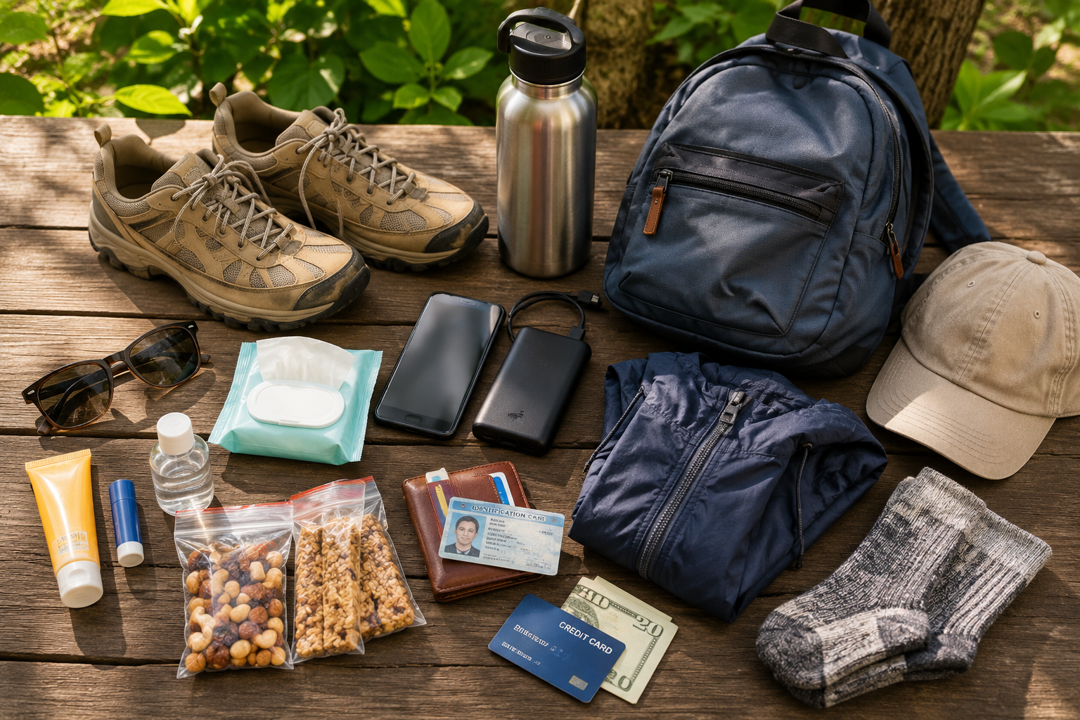 Travel essentials for a Central Park visit arranged neatly, including backpack, walking shoes, water bottle, snacks, sunscreen, and portable charger.
