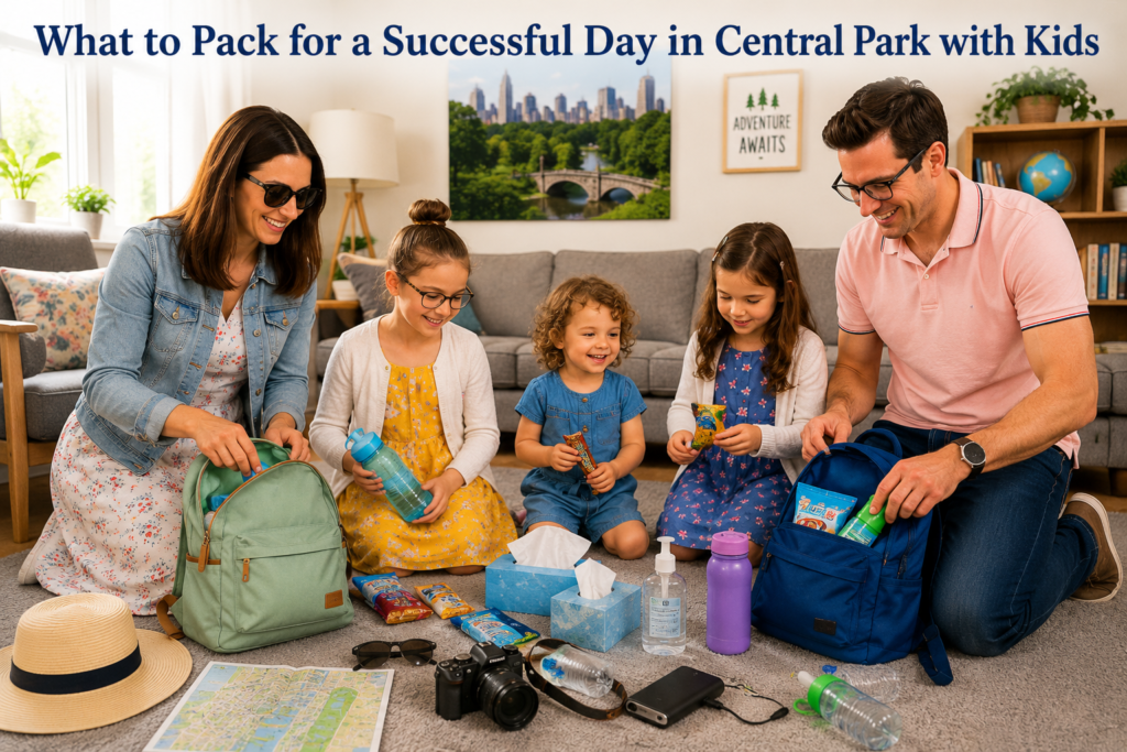 Family of five packs backpacks with water bottles, snacks, sanitizer, tissues, map, camera, and travel essentials before visiting Central Park together.