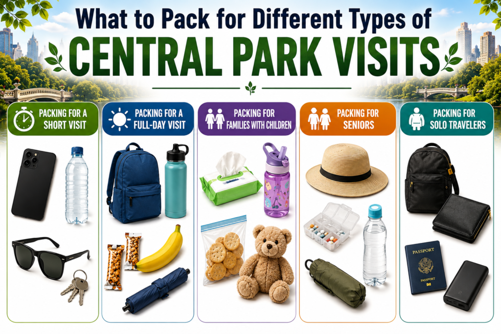 Infographic showing packing essentials for different Central Park visits, including short trips, full-day outings, families, seniors, and solo travelers, with colorful icons, travel gear, and scenic park background.