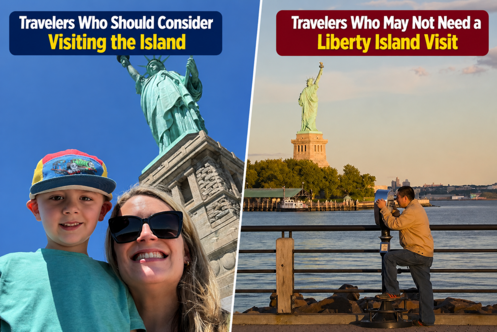 Split comparison showing travelers suited for Liberty Island visits versus those enjoying excellent Statue of Liberty views from waterfront locations.