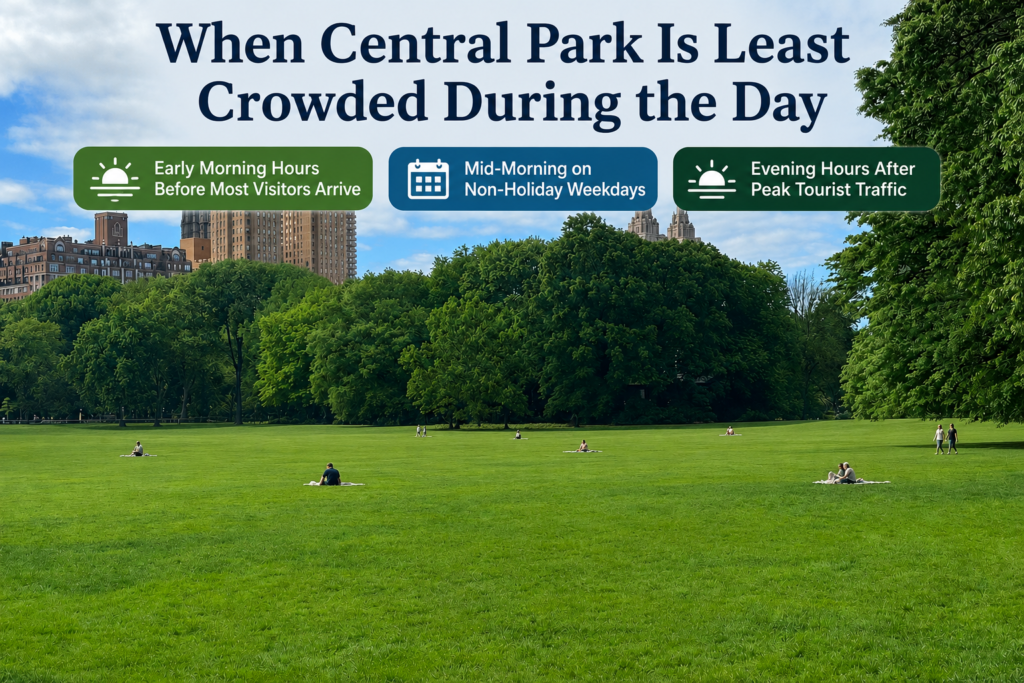 Calm Central Park lawn with few visitors, infographic highlighting least crowded daytime hours, early mornings, weekday mid-mornings, and evening visits.