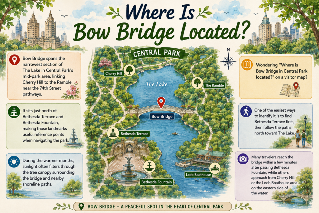 Bow Bridge location infographic illustrating Central Park map with Bethesda Terrace, Bethesda Fountain, Cherry Hill, The Ramble, The Lake, Loeb Boathouse, walking paths, and nearby navigation landmarks.