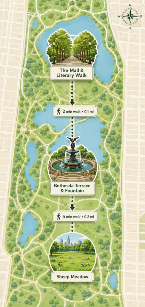 Illustrated Central Park travel map highlighting The Mall & Literary Walk, Bethesda Terrace & Fountain, and Sheep Meadow, connected by a dotted walking route with distance markers, pathways, water features, and tourist-friendly design.
