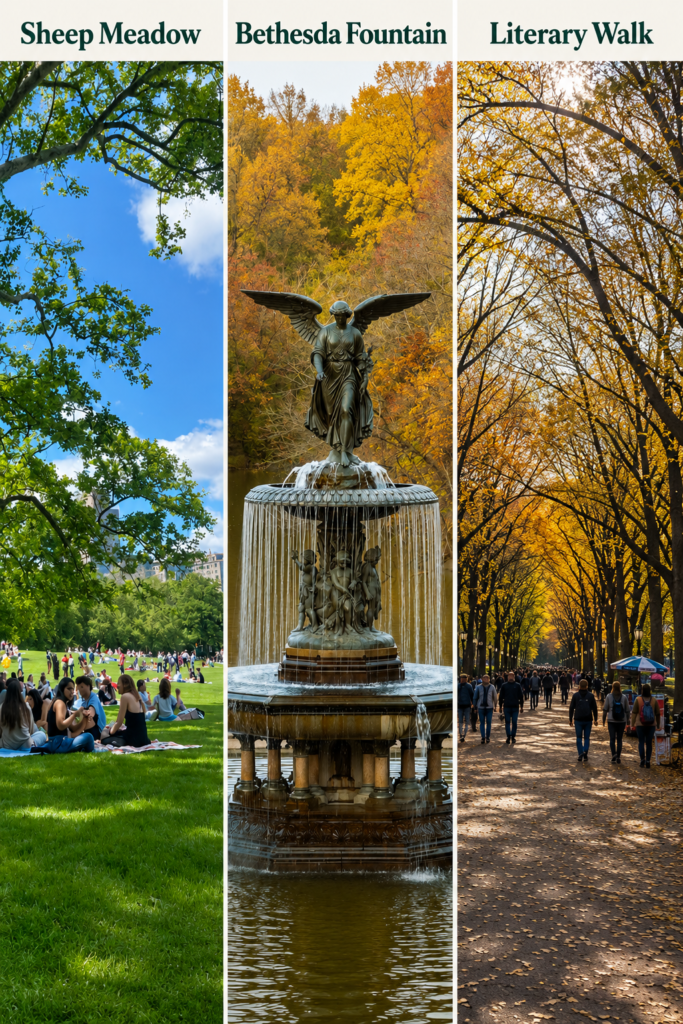 Vertical collage featuring Sheep Meadow, Bethesda Fountain, and Literary Walk in Central Park, showcasing lush lawns, iconic fountain, tree-lined promenade, vibrant seasonal scenery, and popular visitor attractions in New York City.