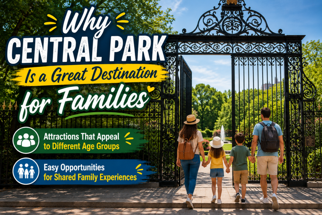 Family of four enters a beautiful Central Park gate from behind, surrounded by lush greenery, colorful captions, and inviting scenery highlighting family-friendly attractions and shared outdoor experiences together.